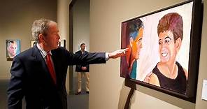 Former President George W. Bush gives a tour of his gallery of Warrior oil paintings