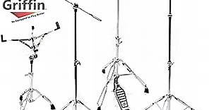 GRIFFIN Cymbal Stand Hardware Pack 4 Piece Set | Full Size Percussion Drum Hardware Kit with Snare Mount, Hi-Hat Pedal, Cymbal Boom, & Straight Cymbal Stand | Lightweight & Portable | Perfect for Gigs
