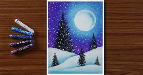 Easy Winter Snowfall Scenery Drawing for Beginners with Oil Pastels - Step by Step