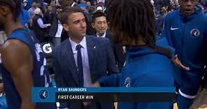 Wolves Players Celebrate with Ryan Saunders as He Becomes Youngest Coach To Win NBA Coaching Debut