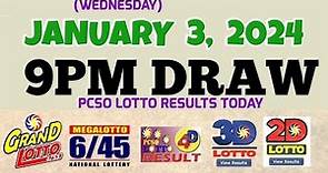 Lotto Result Today 9pm draw January 3, 2024 6/55 6/45 4D Swertres Ez2 PCSO#lotto