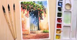 Watercolor painting for beginners beautiful flower tree and simple door