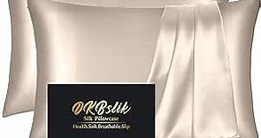 Silk Pillow Cases 2 Pack, Mulberry Silk Pillowcases Standard Set of 2, Smooth, Anti Acne, Beauty Sleep, Both Sides Natural Silk Satin Pillow Cases for Women 2 Pack with Zipper for Gift, Champagne