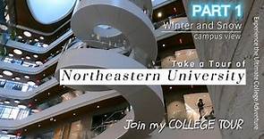 Campus Tour Northeastern University Boston MA in cold snow day, campus building walling tour