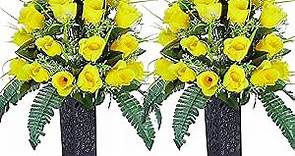 2 Sets Artificial Cemetery Flowers,Outdoor Grave Decorations Roses,Beautiful Arrangements Bouquet with Cemetery Vase,Lasting and Non-Bleed Colors (Yellow)