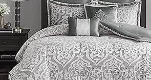 Madison Park Odette Cozy Comforter Set Jacquard Damask Medallion Design - Modern All Season, Down Alternative Bedding, Shams, Decorative Pillows, King(104 in x 92 in), Silver 8 Piece
