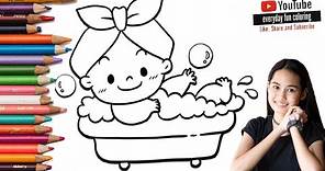 Cute Little Baby Take a Shower Coloring Activity With Watercolor