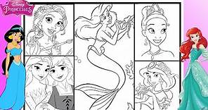 Disney PRINCESSES TOGETHER Coloring Page ARIEL ELSA TIANA ANNA JASMINE RAPUNZEL Coloring Compilation