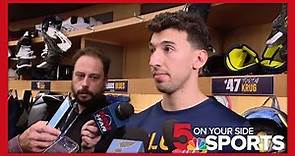Blues' Jordan Kyrou reacts to fans booing him during Thursday night's game