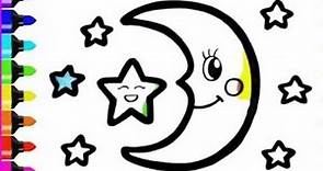 How to draw moon and stars for kids.Drawing and colouring for kids step by step
