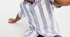 Tommy Hilfiger regular fit stripe short sleeve shirt in blue | ASOS