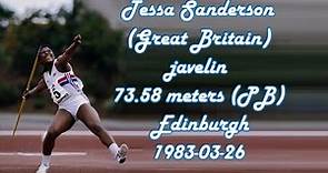 Tessa Sanderson (Great Britain) javelin 73.58 meters (PB) Edinburgh 1983-03-26.