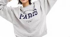 JJXX crew neck sweatshirt with Paris chest print in grey marl | ASOS