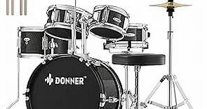Kid Drum Sets-Donner 5-Piece for Beginners, 14 inch Full Size Complete Junior Drum Kit with Adjustable Throne, Cymbal, Hi-Hat, Pedal & Drumstick, Metallic Black