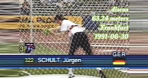 Jurgen Schult (Germany) discus 63.24 meters Frankfurt 1991-06-30 .
