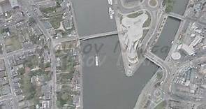 A-Log. Namur, Belgium. Arrow at the confluence of the Sambre and Meuse rivers, Aerial View
