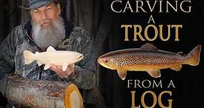 Carving a Wooden Brown Trout Fish from a Log
