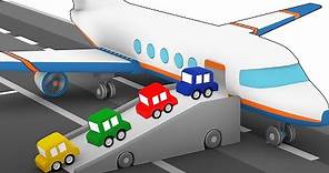 Los pequeños coches viajan en avión. 4 coches coloreados. Dibujos animados para niños.