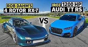 Rob Dahm vs Hank Iroz! 1200hp Audi TT RS drag races 4 Rotor RX-7 // THIS vs DAHM