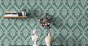 17.7"×118"Peel and Stick Wallpaper Green Damask Wallpaper for Bathroom Green and Sliver Vintage Wallpaper Self Adhesive Removable Contact Paper for Cabinets Shelf Drawer Liner Wall Decor Vinyl