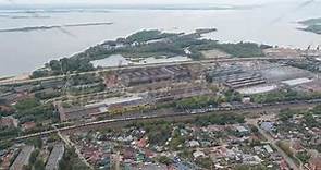Syzran, Russia. Industrial area with a railway. Panoramic view of the city and the Volga river. Sove