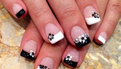 Black French Tips With White Flowers