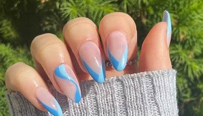Blue French Tips With Swirl On Ring Finger