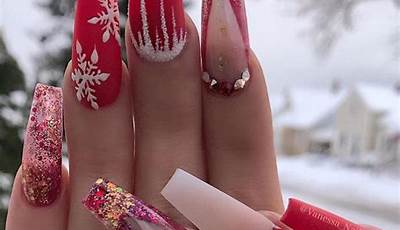 Christmas Nails Acrylic Coffin Long Red
