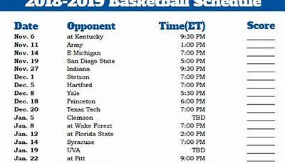 Duke Basketball Schedule Printable