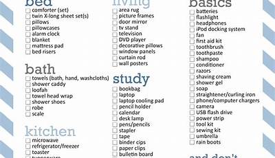 Printable Dorm Room Essentials Checklist