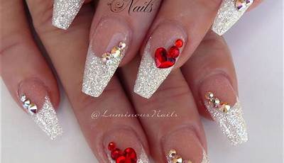 Valentines Day Nails Acrylic Long With Rhinestones