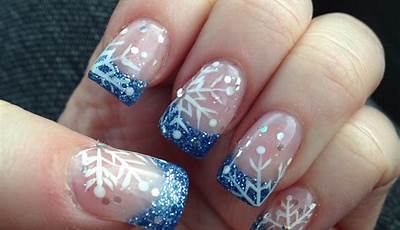 White French Tips With Blue Snowflakes