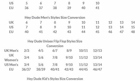 Hey Dude shoes size chart and fitting guide