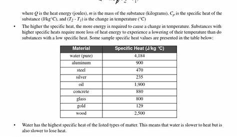 Specific Heat Worksheet | Heat | Thermodynamic Properties