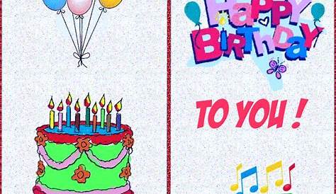 two birthday cards with balloons, music notes and a happy birthday cake
