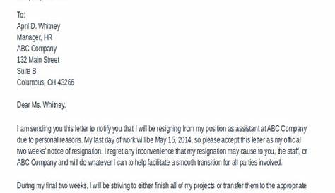 sample resignation letter due to personal reasons