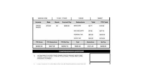 pay stub worksheets for students