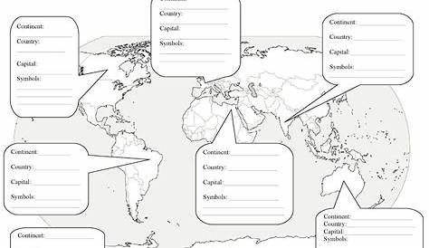 World+Map+with+Countries+Worksheet | Geography worksheets, Map