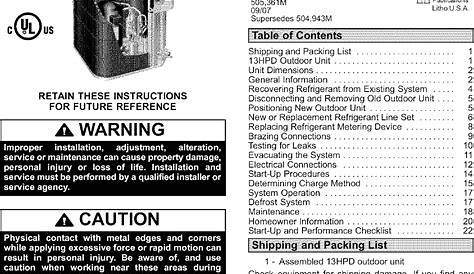 LENNOX Air Conditioner/heat Pump(outside Unit) Manual L0806419