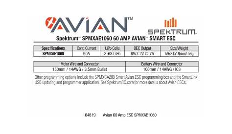 Spektrum SPMXAE1060 Avian 60 Amp Brushless Smart ESC, 3S-6S Guide