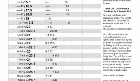 Ski Boot Size Chart printable pdf download