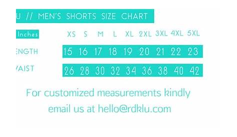 size chart for mens shorts