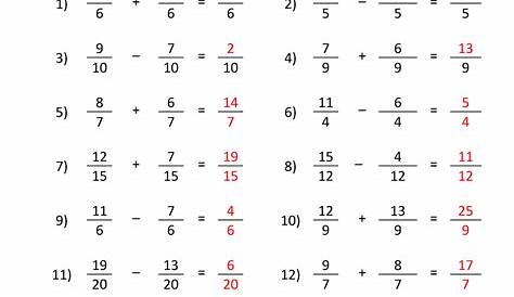 fraction worksheet with answer key