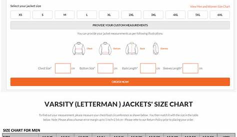 varsity jacket size chart