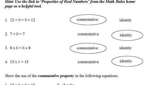 BlueBonkers - Free Printable Math Properties of Real Numbers (solution)
