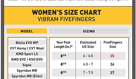 vibram five fingers shoes size chart