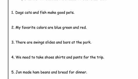 grammar worksheets commas in a series first grade free | Comma