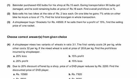 Grade 8 Math Worksheets and Problems: Profit-Loss and Discounts