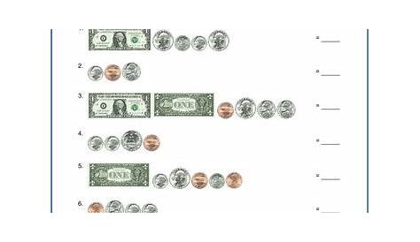 Grade 2 Counting money Worksheet on counting the 4 coins plus $1 bills