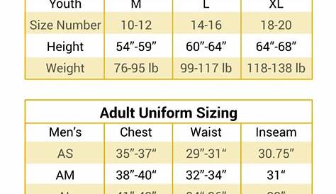 varsity uniform sizing chart